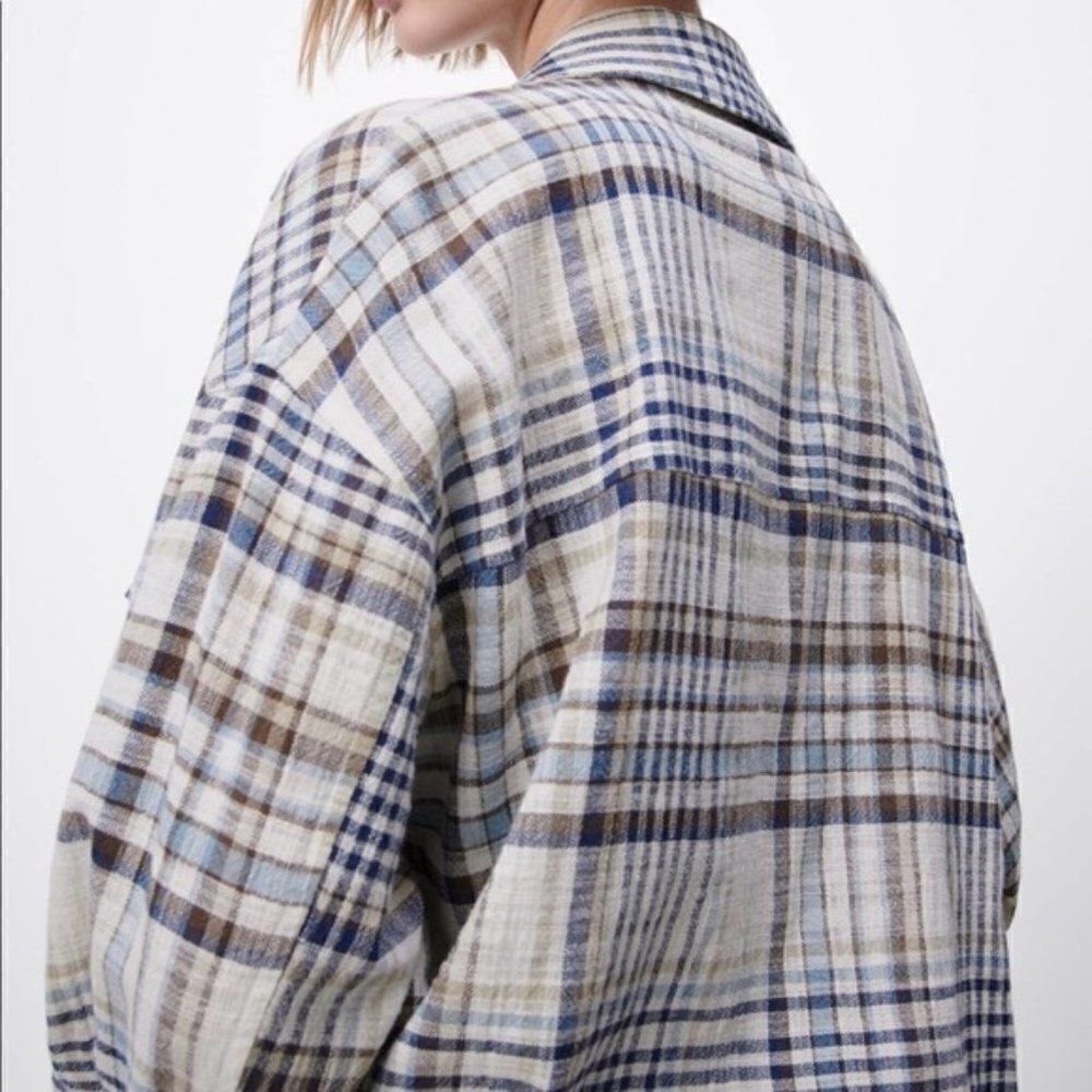 ZARA Plaid Overshirt White Turquoise Unlined - Picture 4 of 7